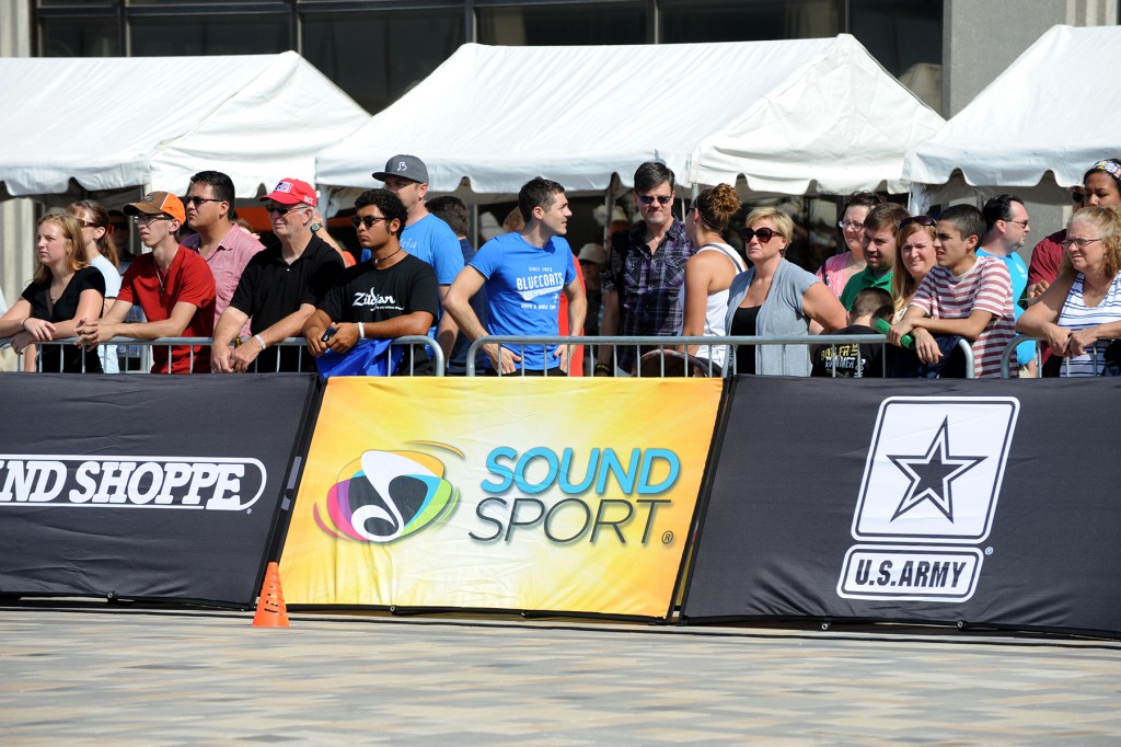 Spectators look on from the backside of the SoundSport arena in downtown Indianapolis.